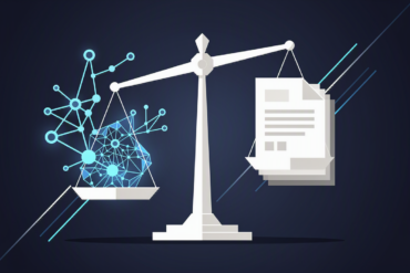 Abstract illustration of regulatory balance scale weighing AI innovation against oversight mechanisms