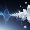 Abstract illustration of sound waves transforming into geometric structures representing AI voice synthesis technology