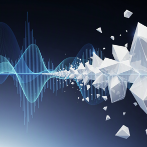 Abstract illustration of sound waves transforming into geometric structures representing AI voice synthesis technology