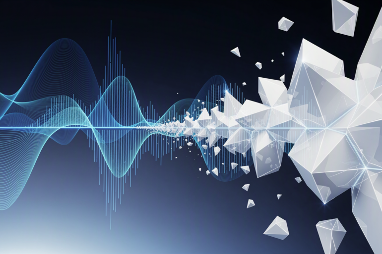 Abstract illustration of sound waves transforming into geometric structures representing AI voice synthesis technology