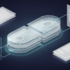 Abstract illustration of AI-powered pharmaceutical compliance system with layered geometric shapes and circuit patterns