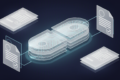 Abstract illustration of AI-powered pharmaceutical compliance system with layered geometric shapes and circuit patterns
