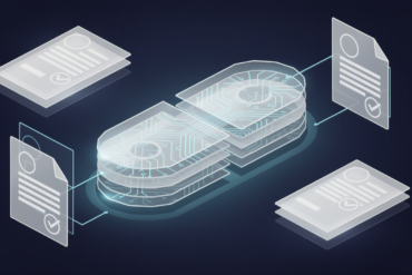 Abstract illustration of AI-powered pharmaceutical compliance system with layered geometric shapes and circuit patterns