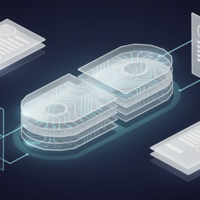 Abstract illustration of AI-powered pharmaceutical compliance system with layered geometric shapes and circuit patterns