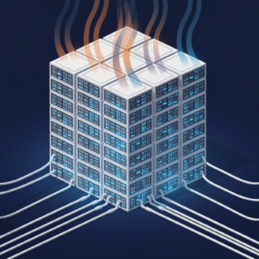 Illustration of a large data centre building with power lines and heat waves representing high electricity consumption