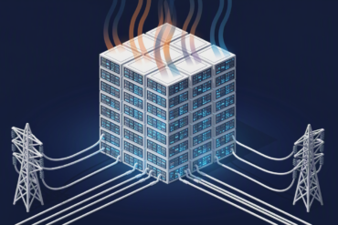 Illustration of a large data centre building with power lines and heat waves representing high electricity consumption