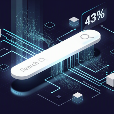 Abstract illustration depicting Google's AI search interface with data streams showing 43% market penetration