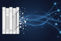 Editorial illustration depicting books transforming into digital data streams, representing copyright dispute over AI training
