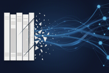 Editorial illustration depicting books transforming into digital data streams, representing copyright dispute over AI training