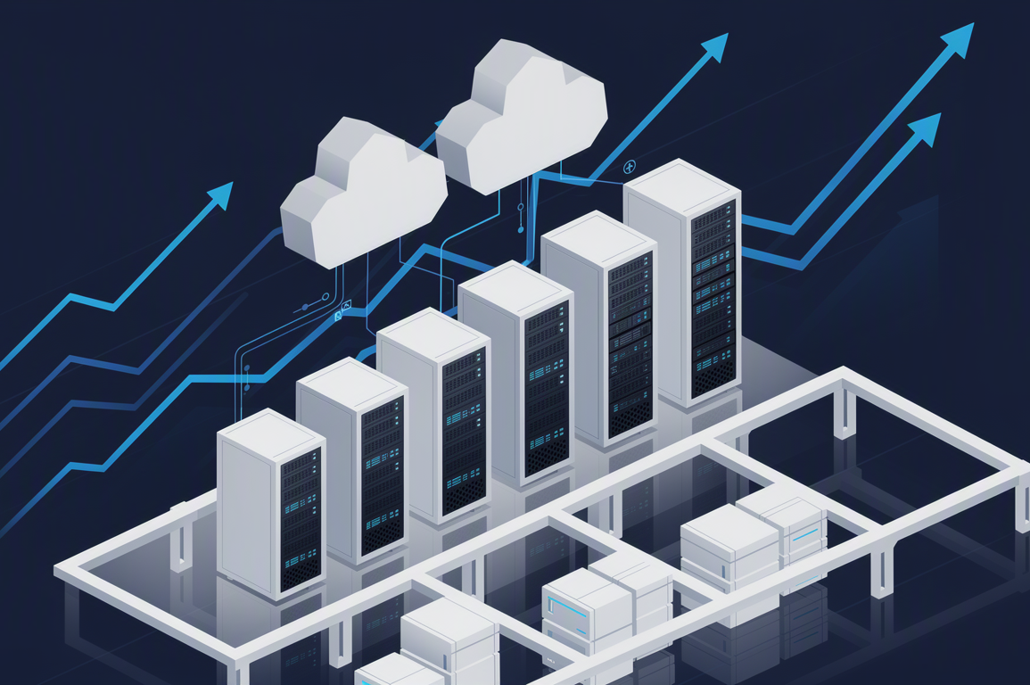 Abstract illustration of cloud infrastructure growth represented by server towers and ascending business metrics
