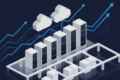 Abstract illustration of cloud infrastructure growth represented by server towers and ascending business metrics