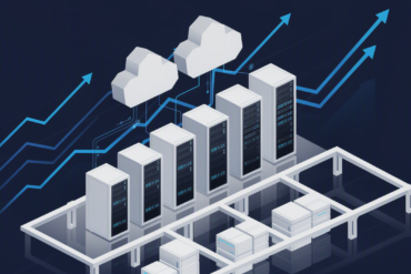 Abstract illustration of cloud infrastructure growth represented by server towers and ascending business metrics