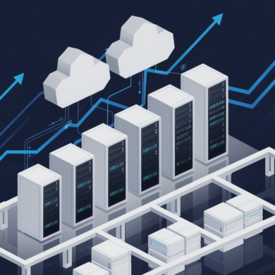 Abstract illustration of cloud infrastructure growth represented by server towers and ascending business metrics