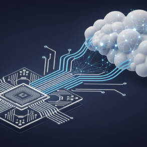 Abstract illustration of custom AI chip architecture with neural network integration