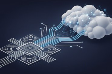 Abstract illustration of custom AI chip architecture with neural network integration
