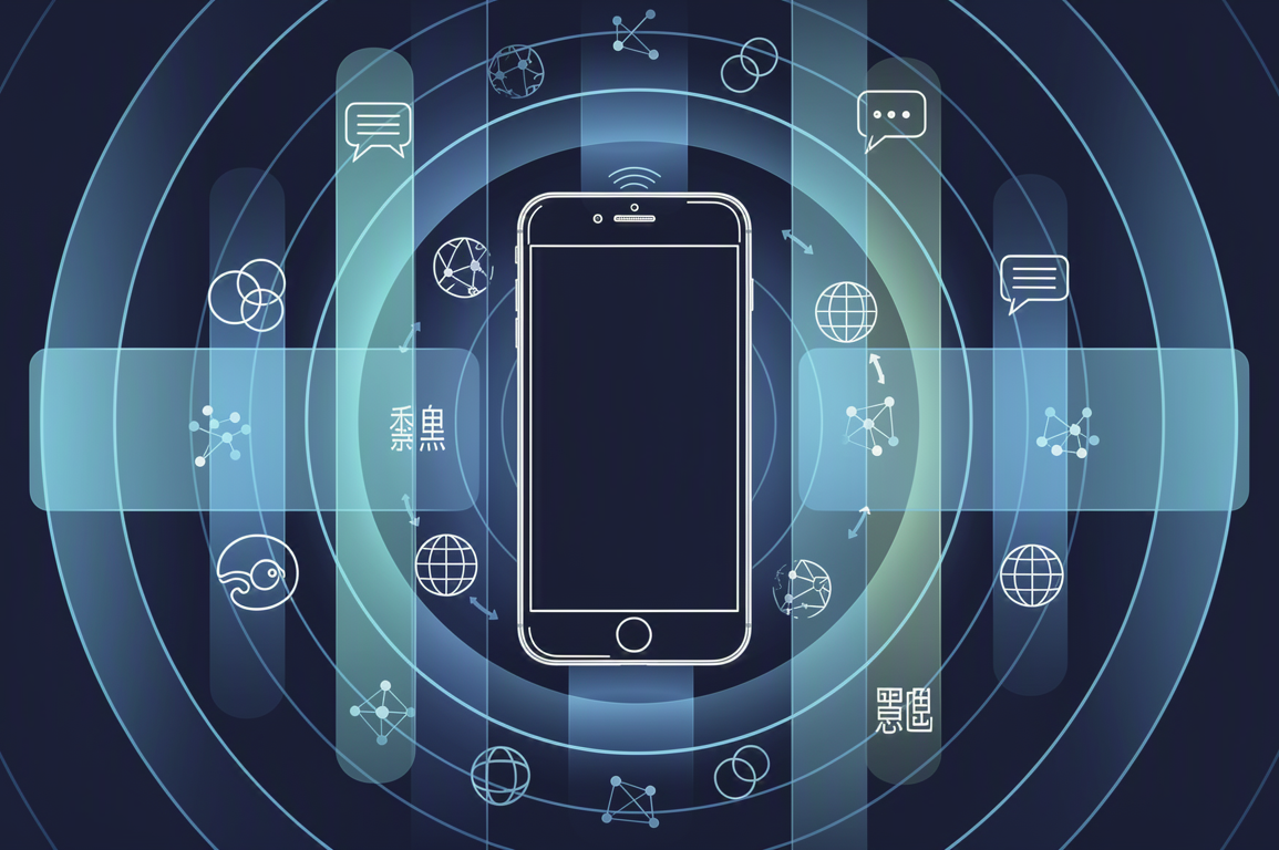 Editorial illustration depicting Google's AI translation technology across multiple platforms with interconnected geometric elements