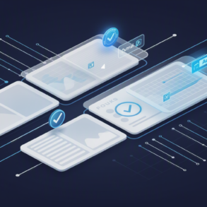 Editorial illustration depicting AI advertising disclosure requirements across digital platforms with transparency indicators and verification elements