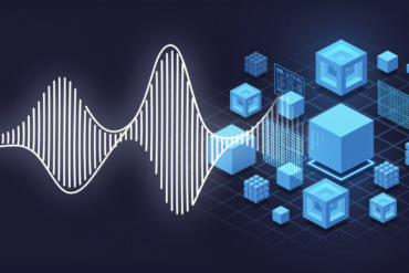 Abstract illustration of voice waveforms transforming into structured data geometry representing AI voice processing technology