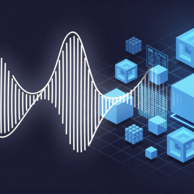 Abstract illustration of voice waveforms transforming into structured data geometry representing AI voice processing technology