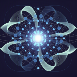 Abstract illustration of interconnected network nodes representing open-source AI collaboration and distributed development