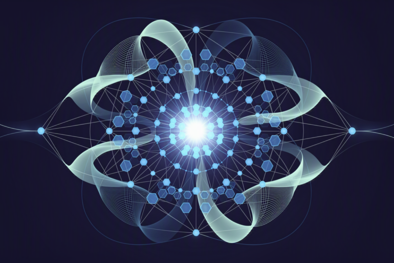 Abstract illustration of interconnected network nodes representing open-source AI collaboration and distributed development