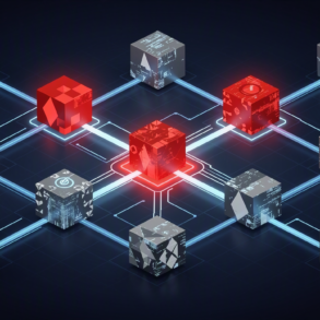 Abstract illustration depicting distributed AI platform network with warning indicators representing content moderation challenges