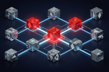 Abstract illustration depicting distributed AI platform network with warning indicators representing content moderation challenges