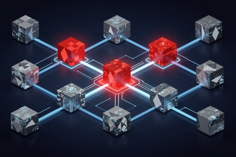 Abstract illustration depicting distributed AI platform network with warning indicators representing content moderation challenges