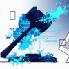 Abstract illustration of judicial gavel intersecting with fragmented digital elements representing AI in legal systems