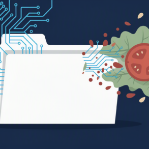 Editorial illustration depicting corporate IPO documents with AI technology motifs transitioning into traditional food service imagery, representing disconnect between AI marketing claims and business fundamentals