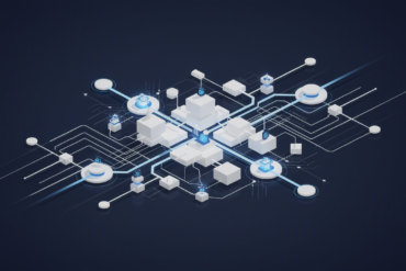 Abstract geometric illustration representing AI agent autonomously managing financial processes with interconnected nodes and data pathways