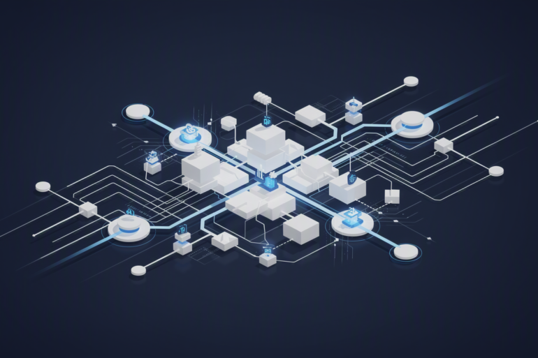 Abstract geometric illustration representing AI agent autonomously managing financial processes with interconnected nodes and data pathways