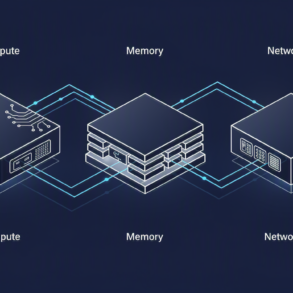 Illustration of modular chip architecture showing separated compute, memory and networking components