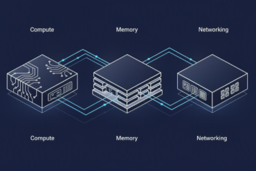 Illustration of modular chip architecture showing separated compute, memory and networking components