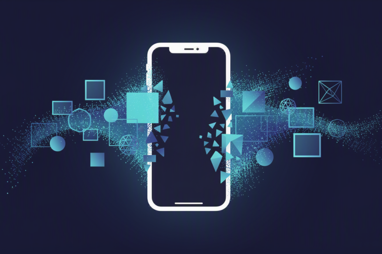 Abstract illustration of smartphone with dissolving AI-generated content representing Meta's withdrawal of Instagram deepfake feature