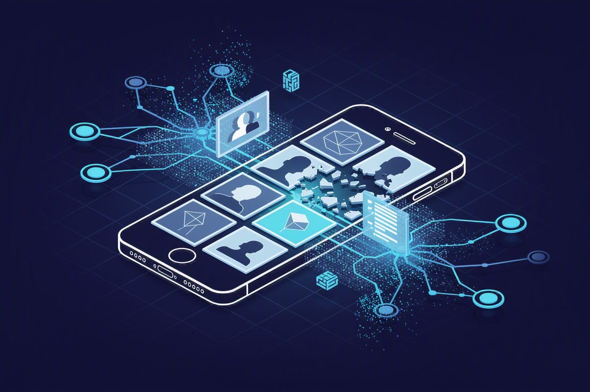 Abstract illustration of smartphone with user profiles fragmenting into AI-generated synthetic imagery