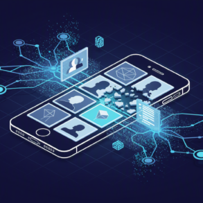Abstract illustration of smartphone with user profiles fragmenting into AI-generated synthetic imagery