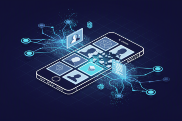 Abstract illustration of smartphone with user profiles fragmenting into AI-generated synthetic imagery