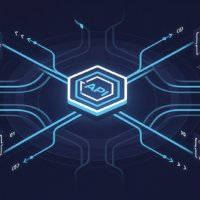 Abstract illustration of API integration architecture showing code streams connecting to central gateway