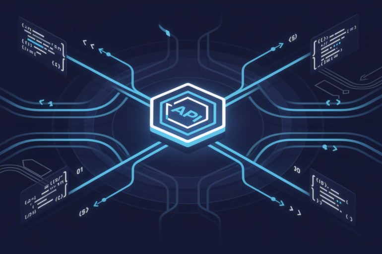 Abstract illustration of API integration architecture showing code streams connecting to central gateway