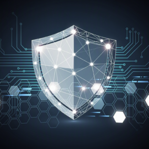 Abstract illustration of AI-powered security systems with geometric patterns and data streams representing automated vulnerability detection