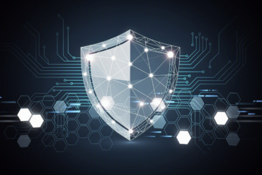Abstract illustration of AI-powered security systems with geometric patterns and data streams representing automated vulnerability detection