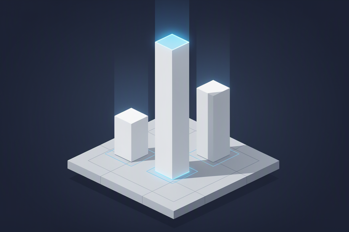 Abstract illustration depicting competitive positioning in AI sector with three vertical structures of different heights