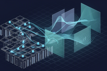 Abstract illustration of tabular data grids transforming into AI-powered analytical visualisations