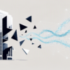 Editorial illustration depicting corporate structure transforming into digital AI elements, representing workforce automation