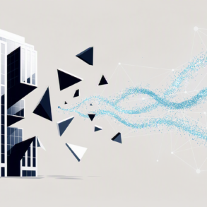Editorial illustration depicting corporate structure transforming into digital AI elements, representing workforce automation