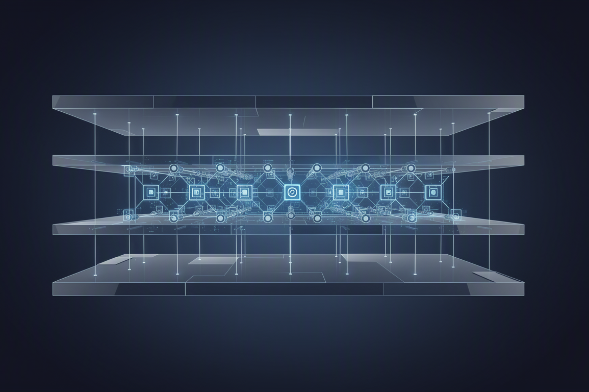Abstract illustration of layered AI infrastructure platform architecture with interconnected nodes