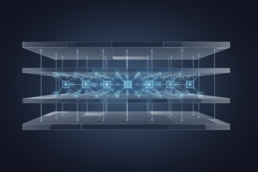 Abstract illustration of layered AI infrastructure platform architecture with interconnected nodes