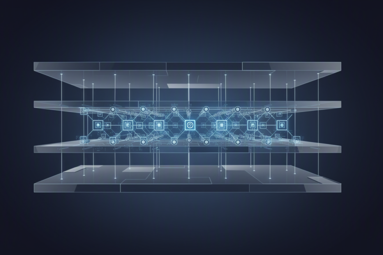 Abstract illustration of layered AI infrastructure platform architecture with interconnected nodes