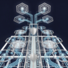 Abstract illustration depicting AI infrastructure scaling with integrated safety mechanisms through geometric network structures